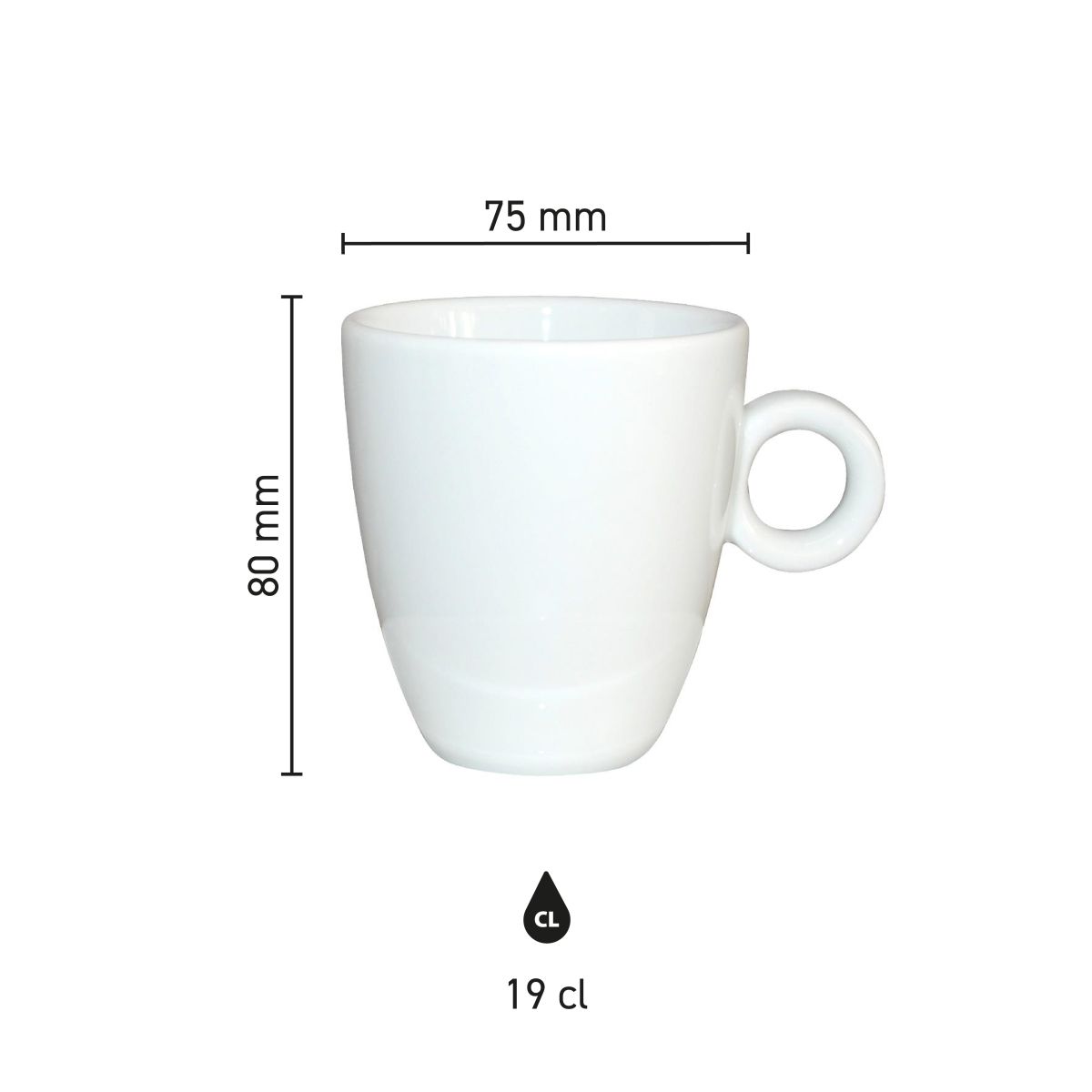 Infographic showing dimensions of porcelain Rondo mug 19 cl. including height and diameter.