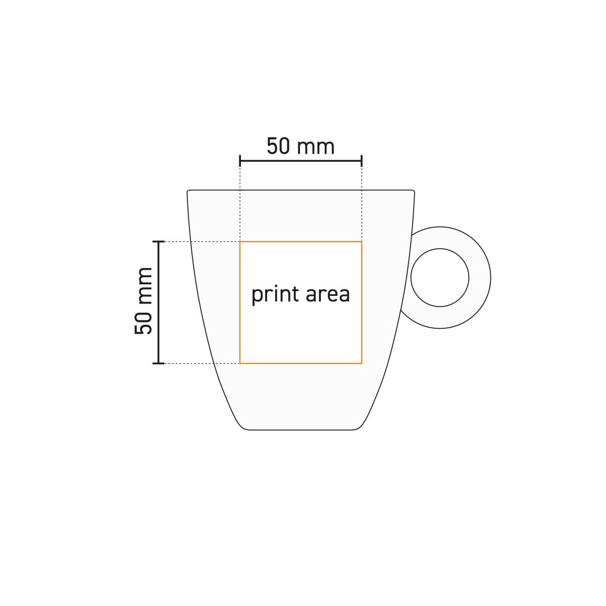 Technical working drawing of Rondo mug 25 cl. porcelain with marked printing area on front.