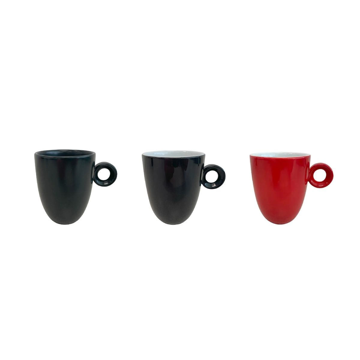 Different colour variants of Rondo mug 25 cl porcelain conveniently presented side by side.