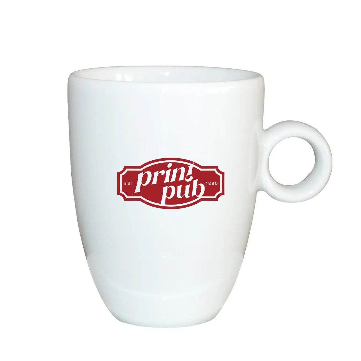 Porcelain Rondo mug with red PrintPub logo on the front face, centred below the rim.