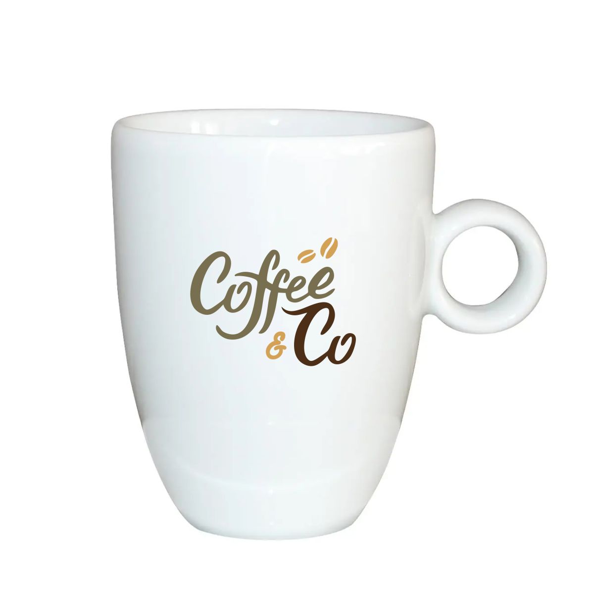 Rondo 25 cl porcelain mug with multicoloured CoffeeCo logo on the front, clearly visible.