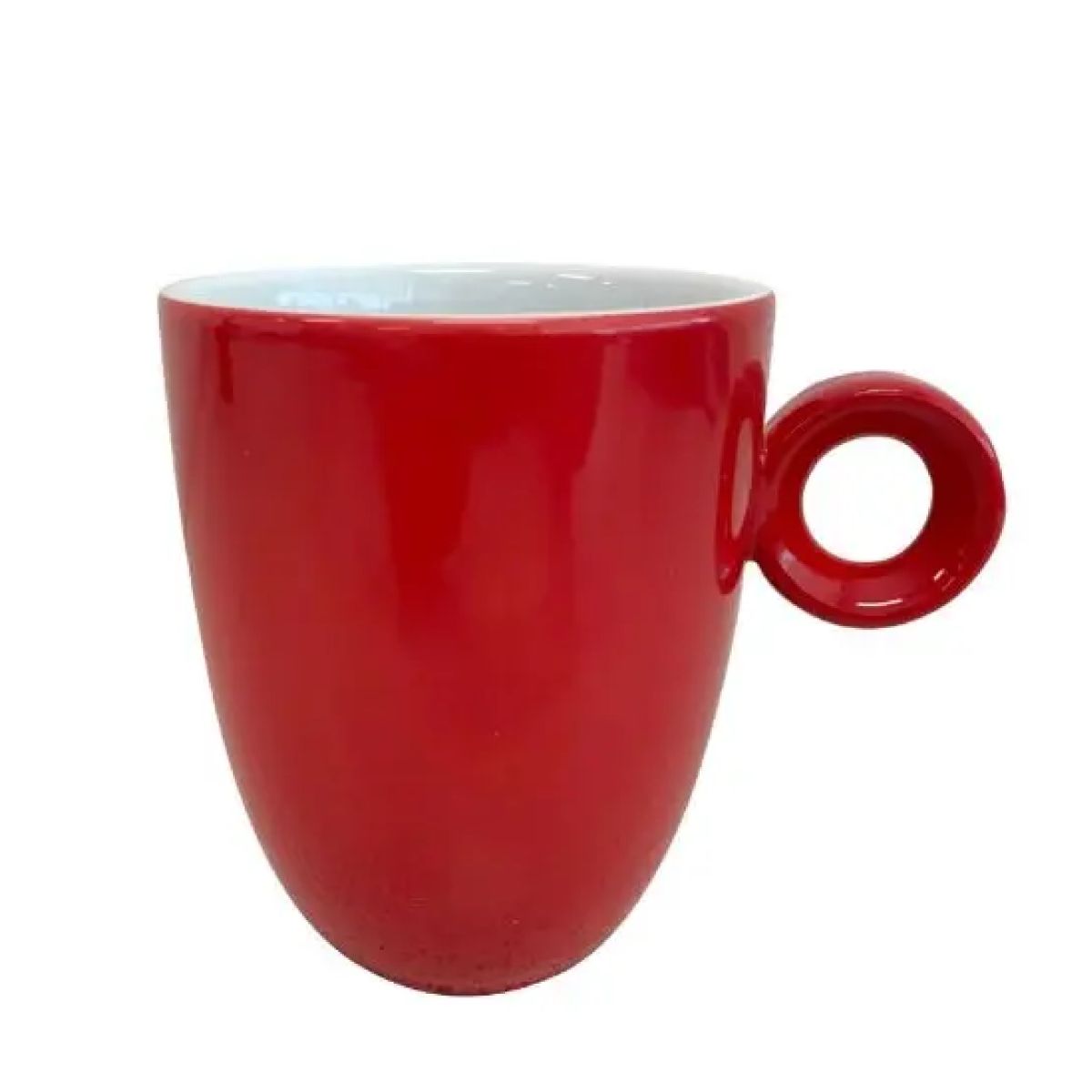 Red and white 25 cl porcelain Rondo mug in straight front view with visible ear shape and smooth surface.