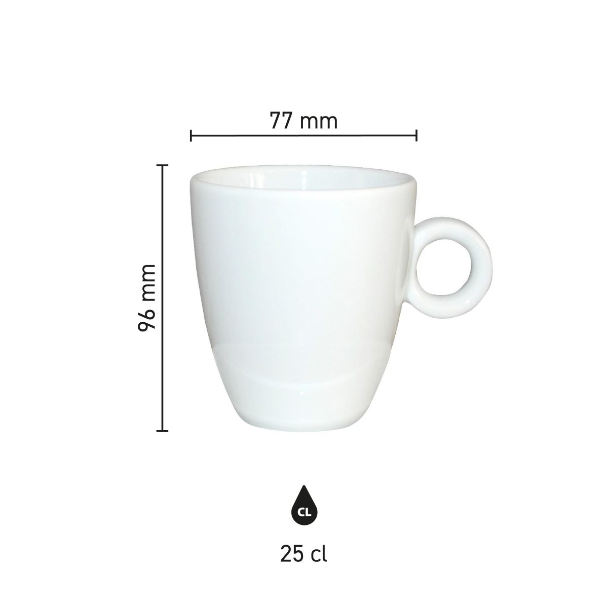 Infographic showing dimensions of Rondo mug 25 cl porcelain, including height and diameter.