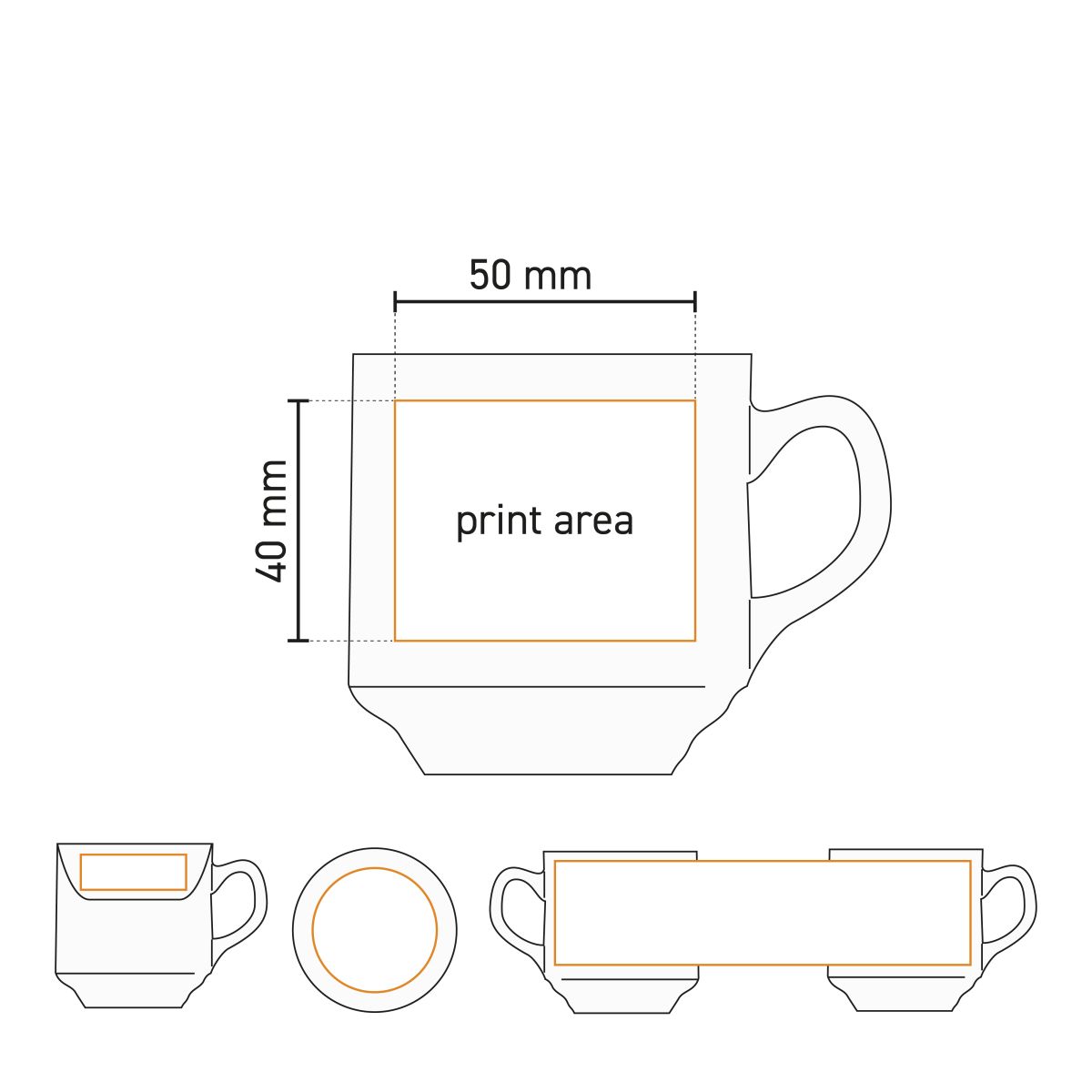 Technical working drawing with indication of printing area on the Sara Coffee Cup white 14 cl