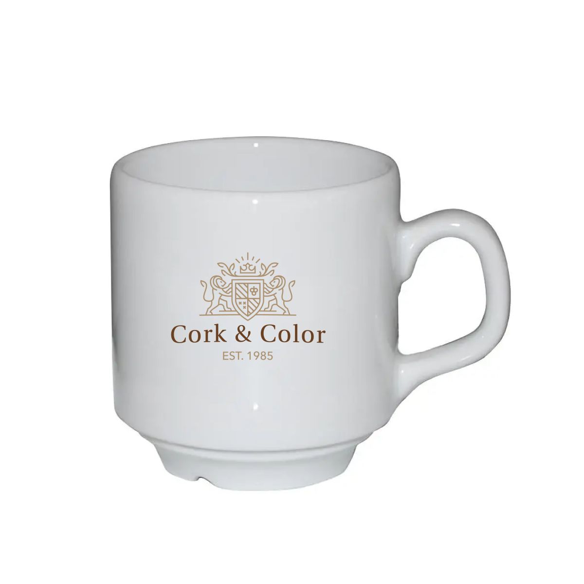 Sara Coffee Cup white 14 cl. with multicoloured CorkColor logo centred on the front.