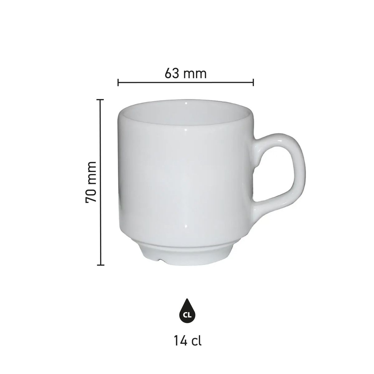 Infographic shows height, diameter and capacity of the Sara Coffee Cup white 14 cl.