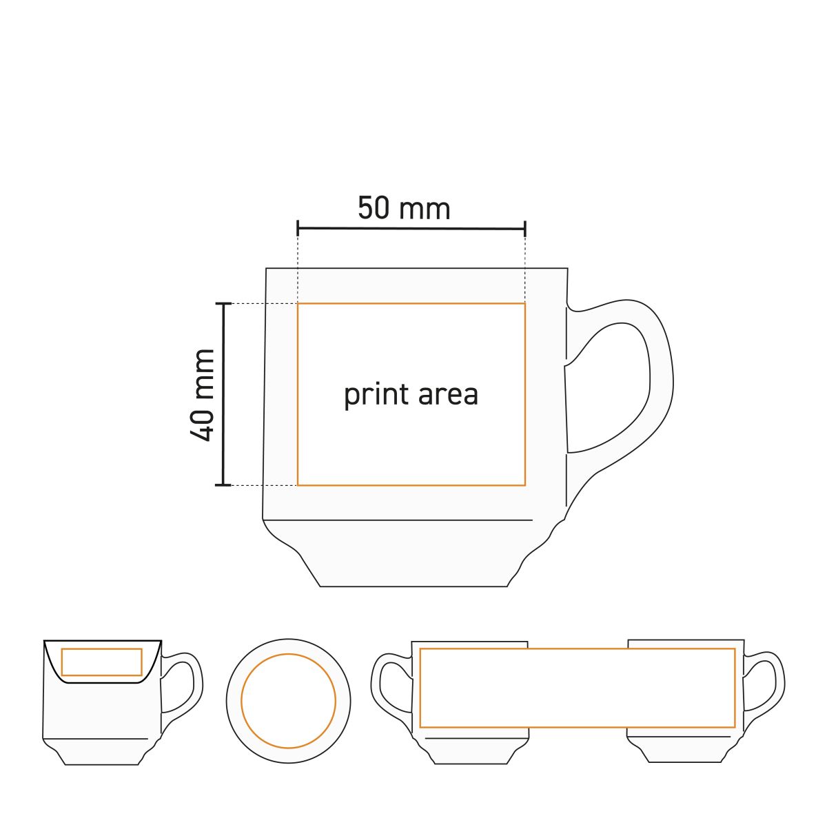 Technical working drawing with printing area of Sara coffee white 14 cl. set porcelain for logo.