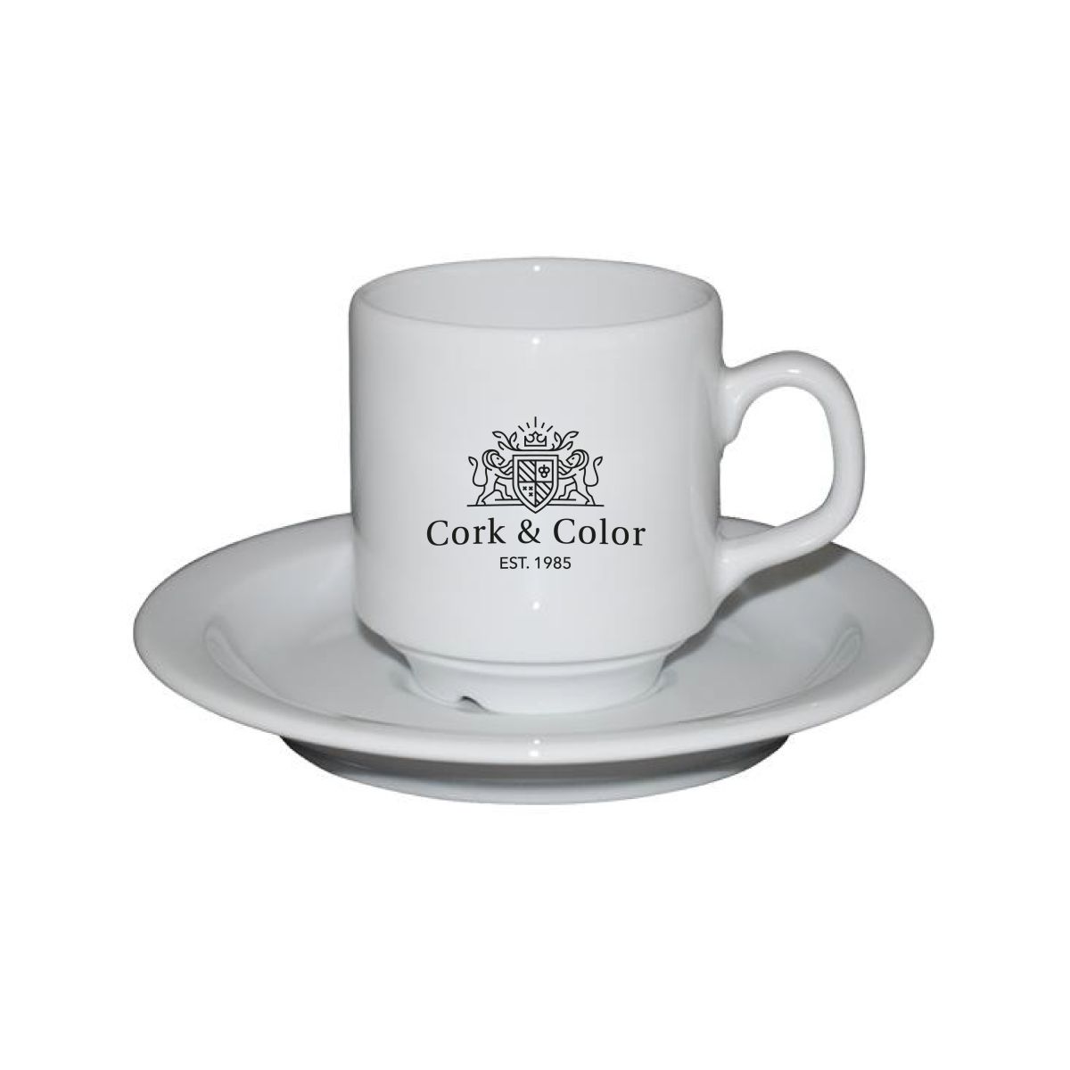 Sara coffee white 14 cl. set porcelain front view with printed CorkColor logo in one colour.