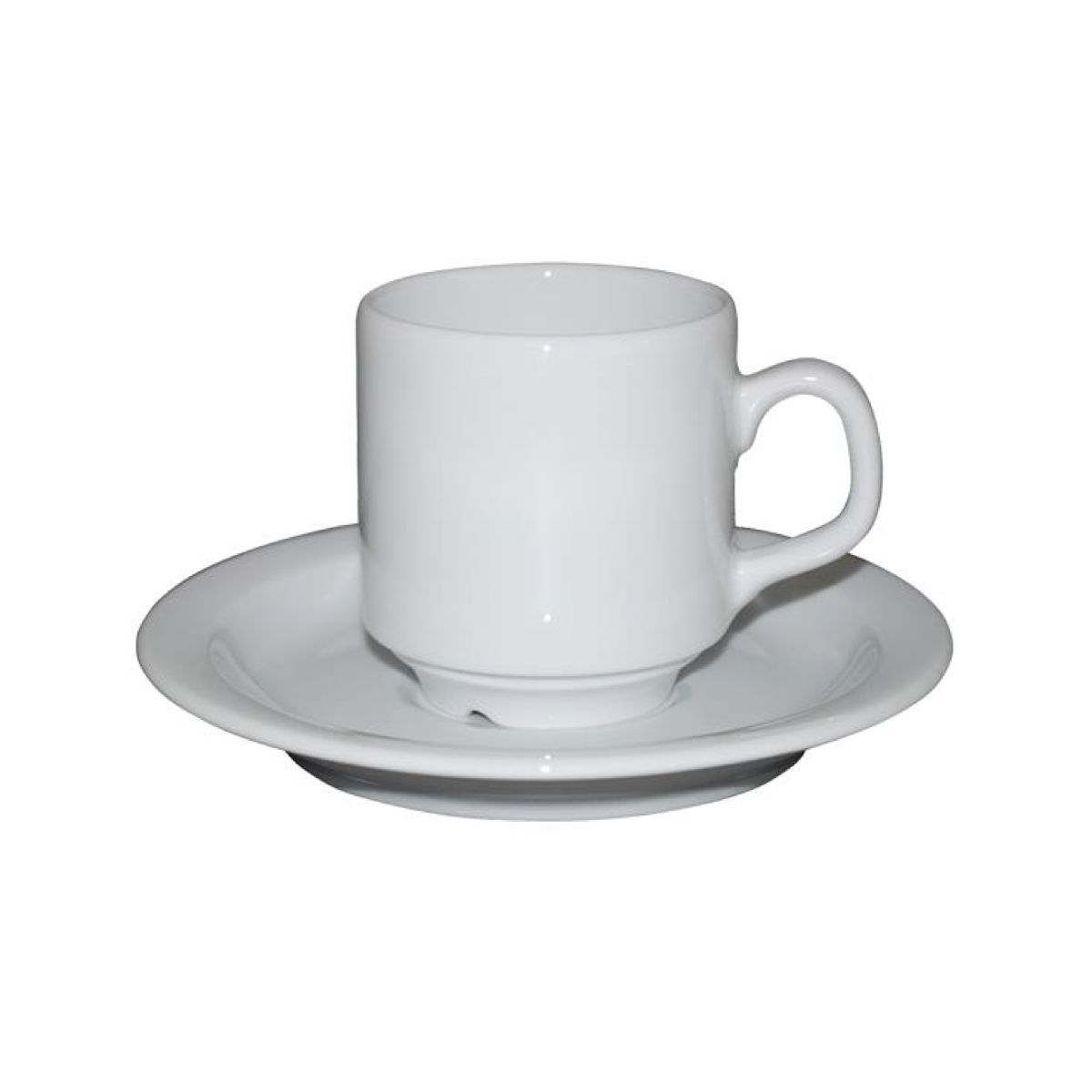 Vooraanzicht van Sara koffie wit 14 cl. set porselein, klassiek koffiekopje met schotel. Vooraanzicht van Sara koffie wit 14 cl. set porselein, klassiek koffiekopje met schotel.