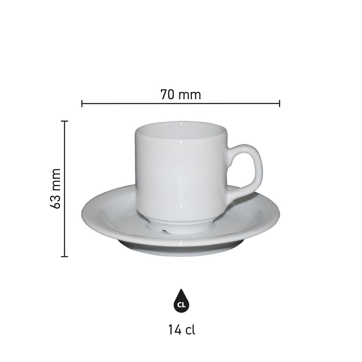 Infographic showing product dimensions of Sara coffee white 14 cl. set porcelain cup and saucer.