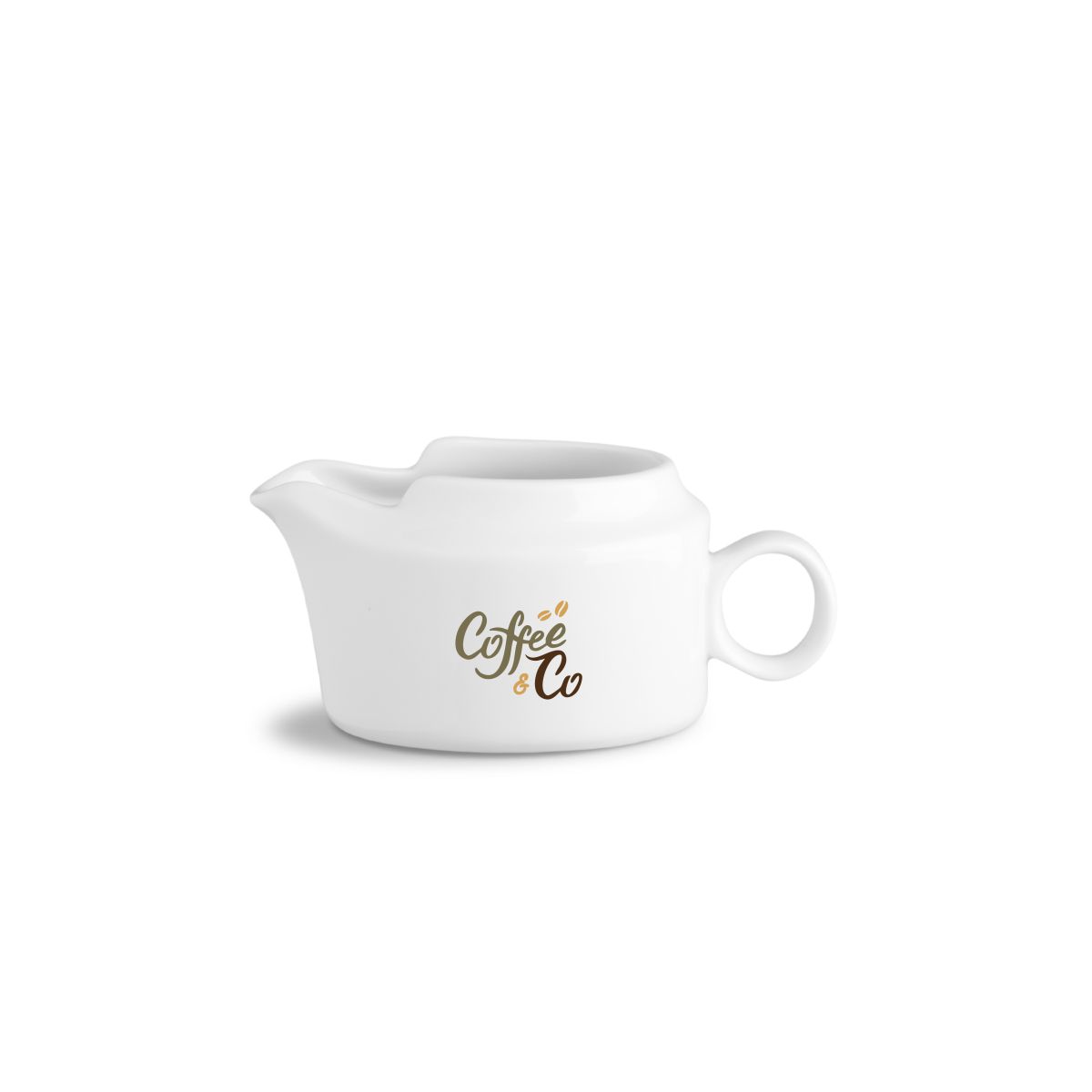Sauskom 10 cl porselein in vooraanzicht bedrukt met opvallend CoffeeCo logo in meerdere kleuren.