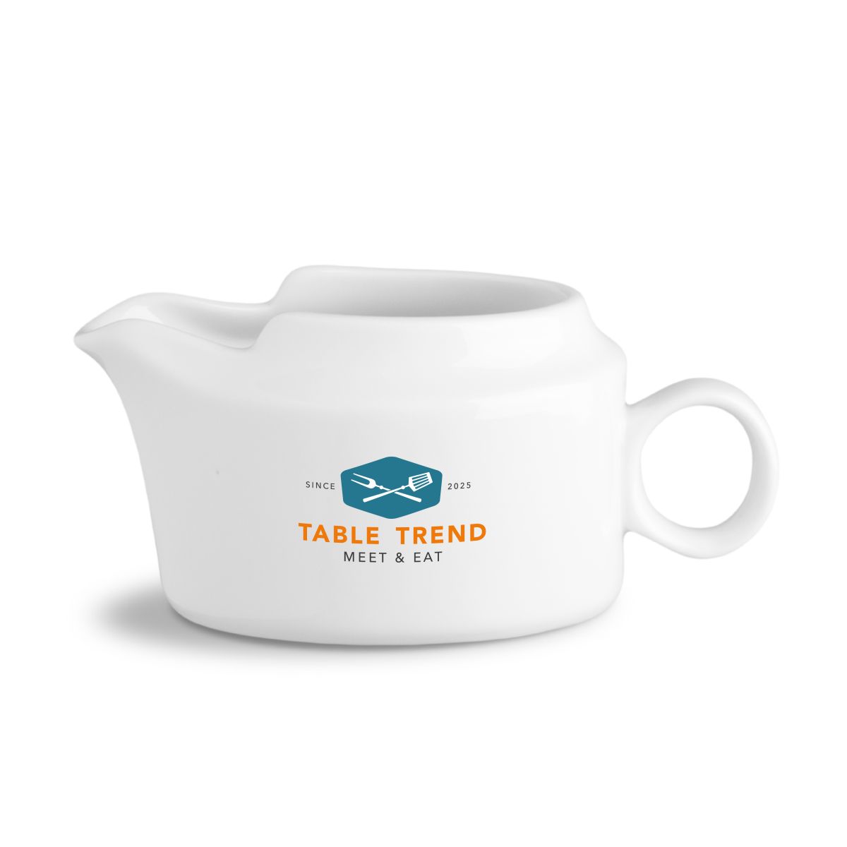 Sauce bowl 25 cl porcelain with multi-coloured TableTrend logo in front view, round shape.