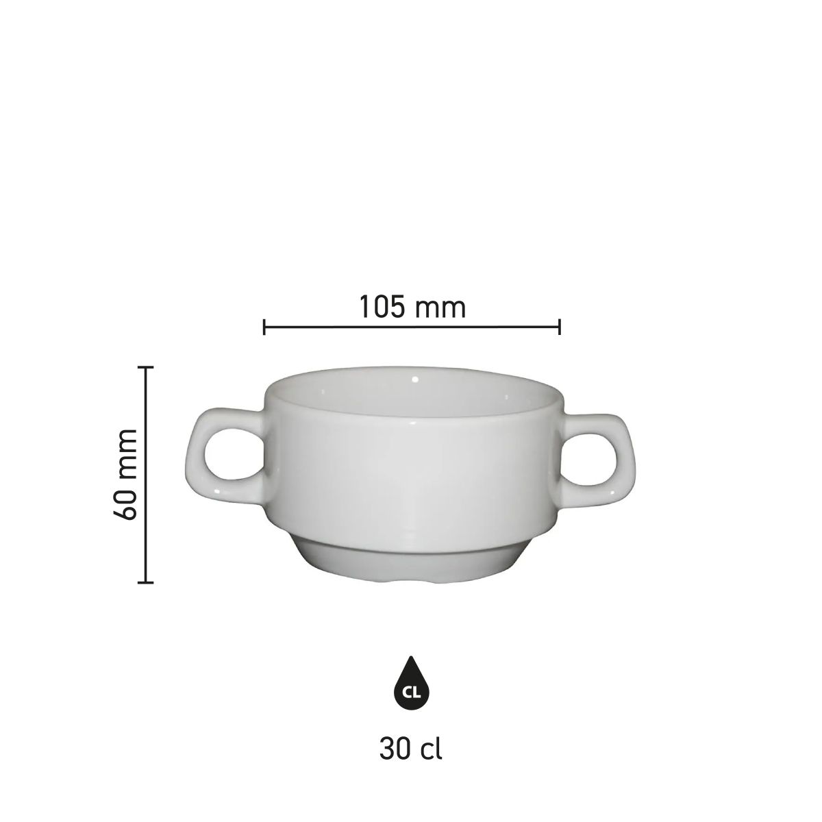 Soepkop met 2 oren 30 cl. van wit porselein met hoogte, diameter en inhoud in infographic