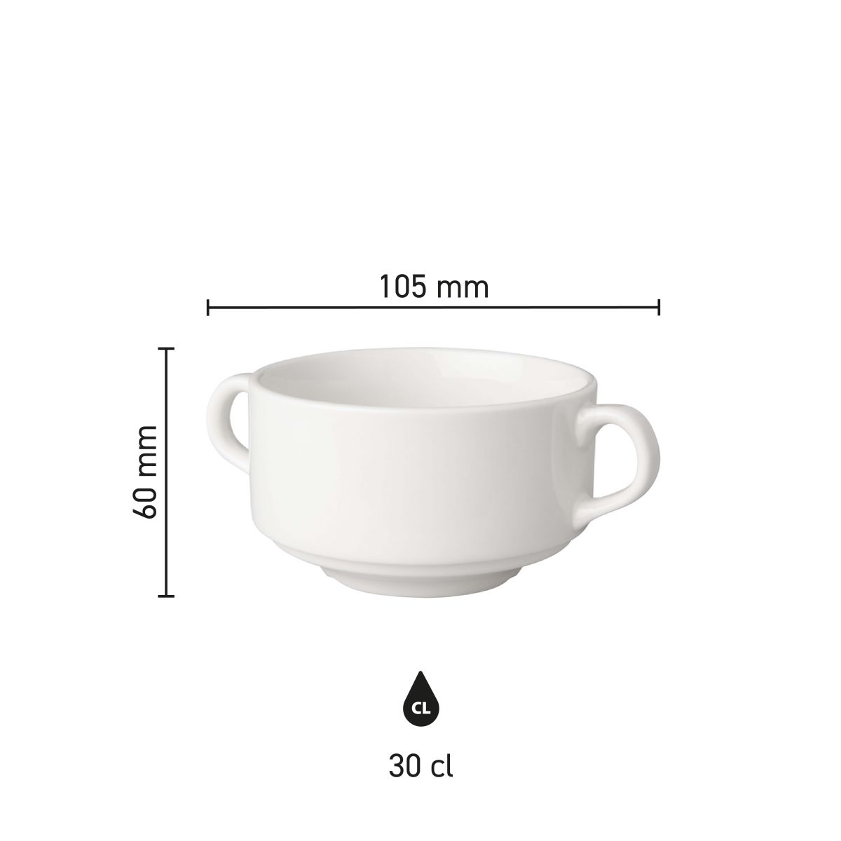Infographic toont productafmetingen van Budgetline soepkop 30 cl porselein met diameter en hoogte.