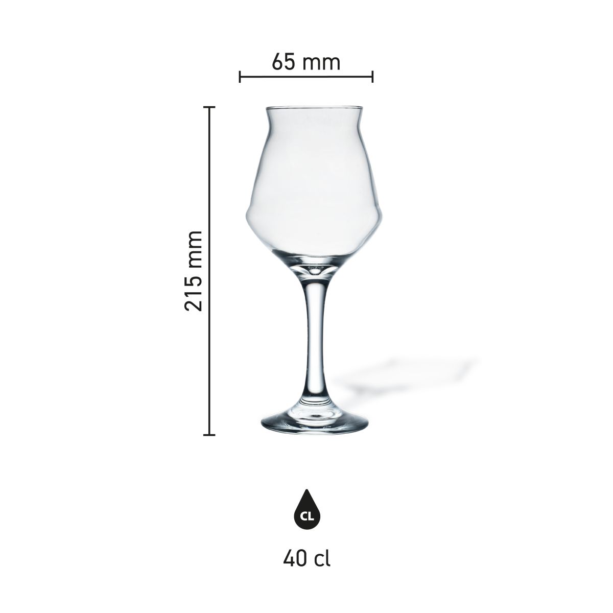 Maatvoering van het Sommelier Kelch 40 cl glas met hoogte, diameter en inhoud in infographic