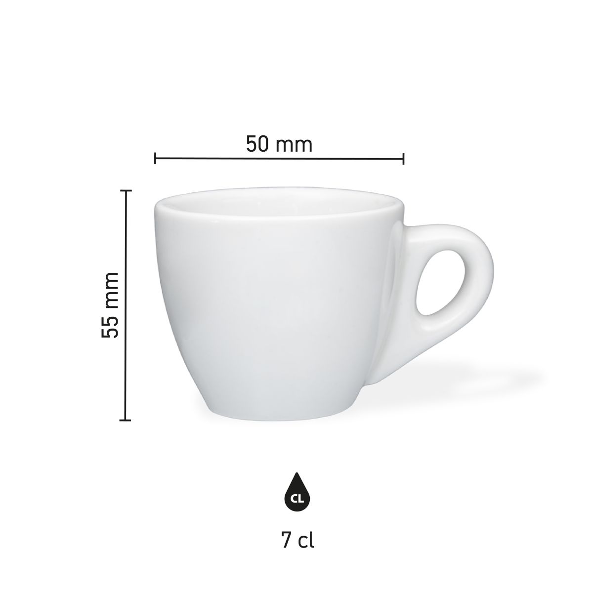 Infographic met hoogte en diameter van porseleinen espressokop 7 cl.