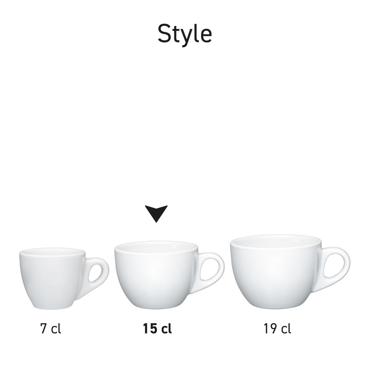 Serie-opstelling van meerdere Style Koffie koppen 15 cl. porselein in wit.
