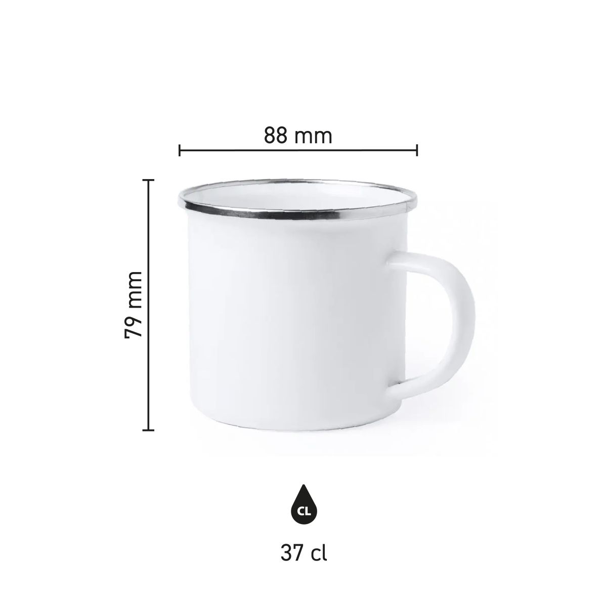 Infographic showing height and diameter of white metal sublimation mug 37 cl in full-colour design.