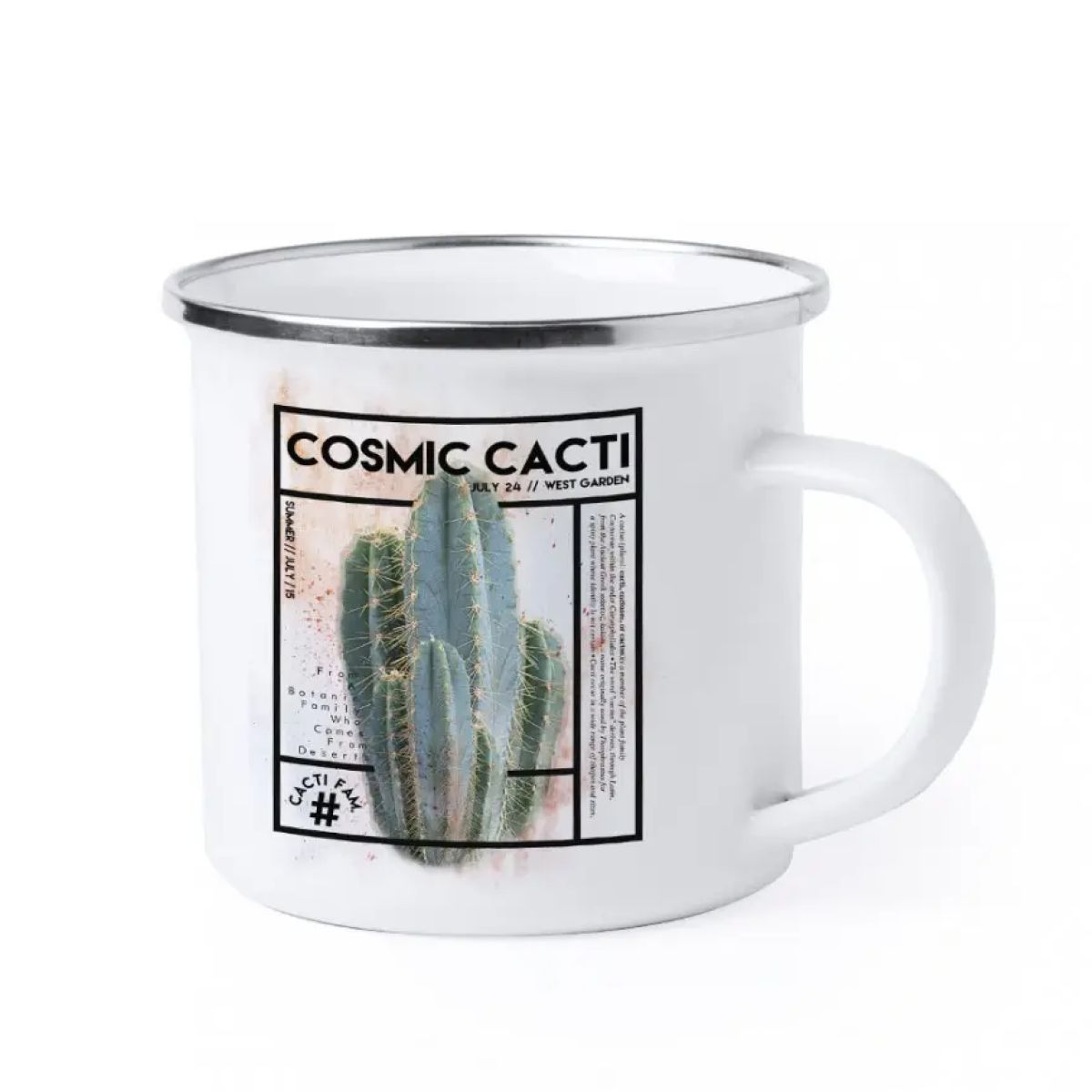 Metal sublimation mug white 37 cl with full-colour CosmicCacti logo on the front.