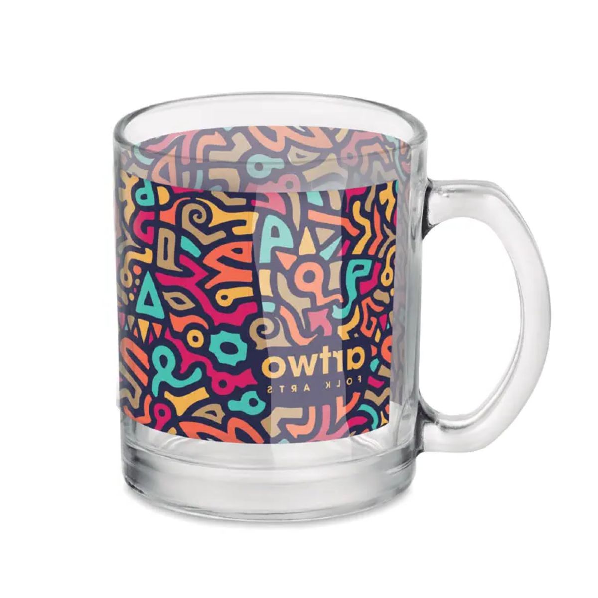 Full-colour imprint of the artwofolkarts logo on the front of the 30 cl glass Sublimok Kitty mug.