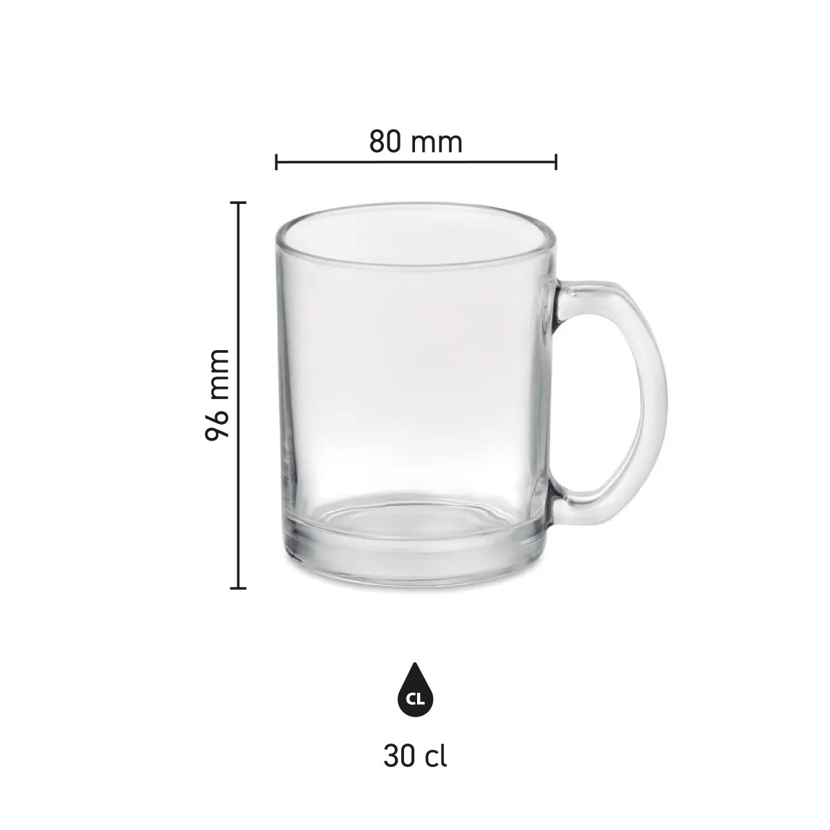 Infographic shows exact dimensions of the Sublimok Kitty glass 30 cl mug, including height and diameter.