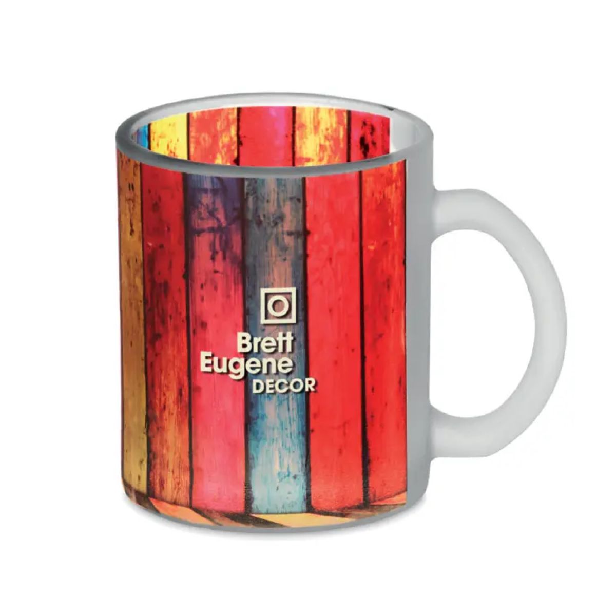 Sublimok Kitty glass matt 30 cl. with full-colour BrettEugenedecor logo printed on the front.