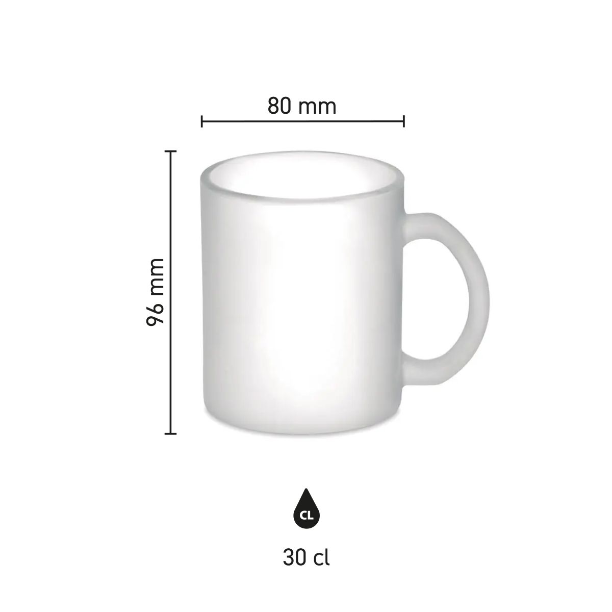 Infographic shows the product dimensions of the Sublimok Kitty glass frosted 30 cl. including height and diameter.
