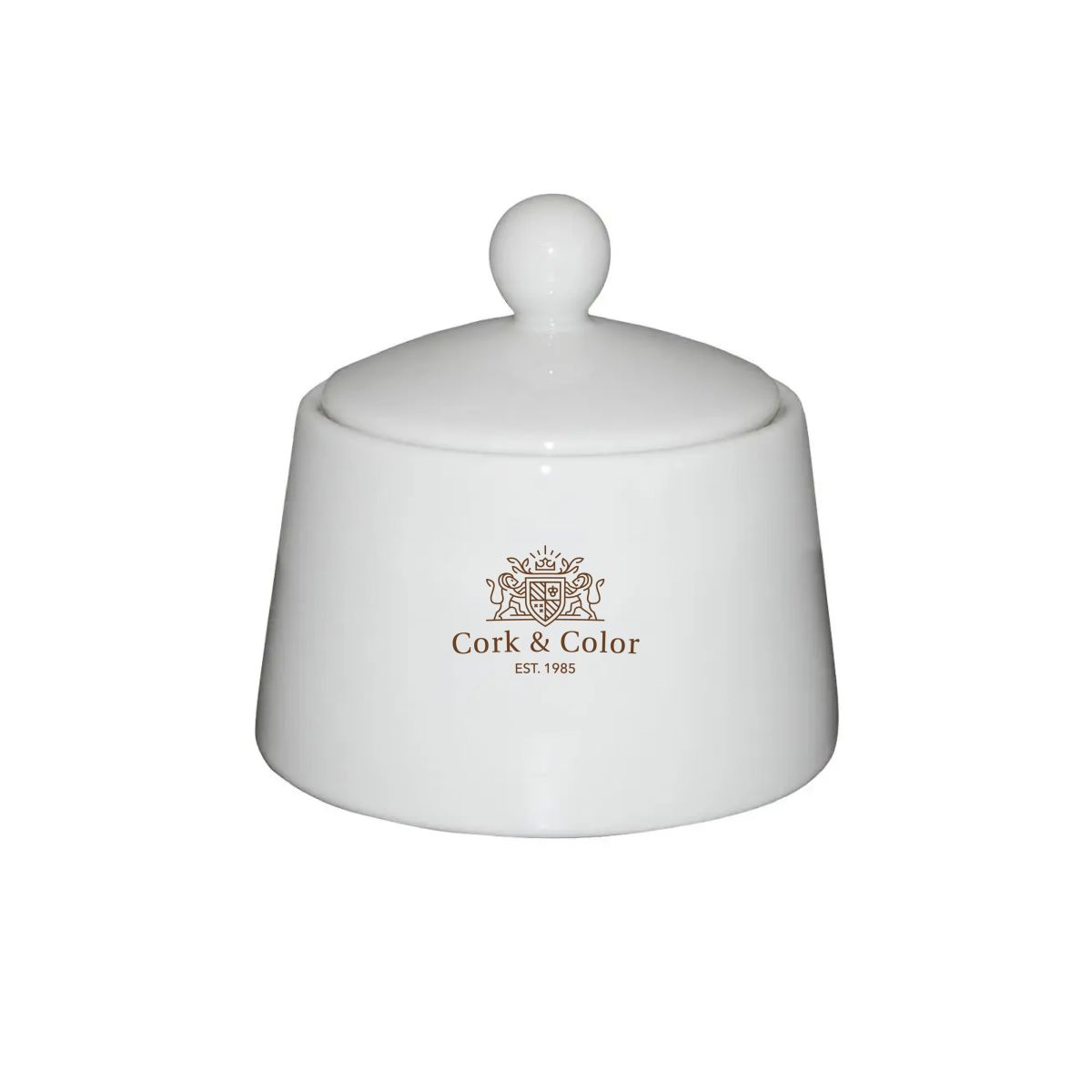 Witte suikerpot Eva porselein 20 cl. met meerkleurig CorkColor-logo op de voorzijde.