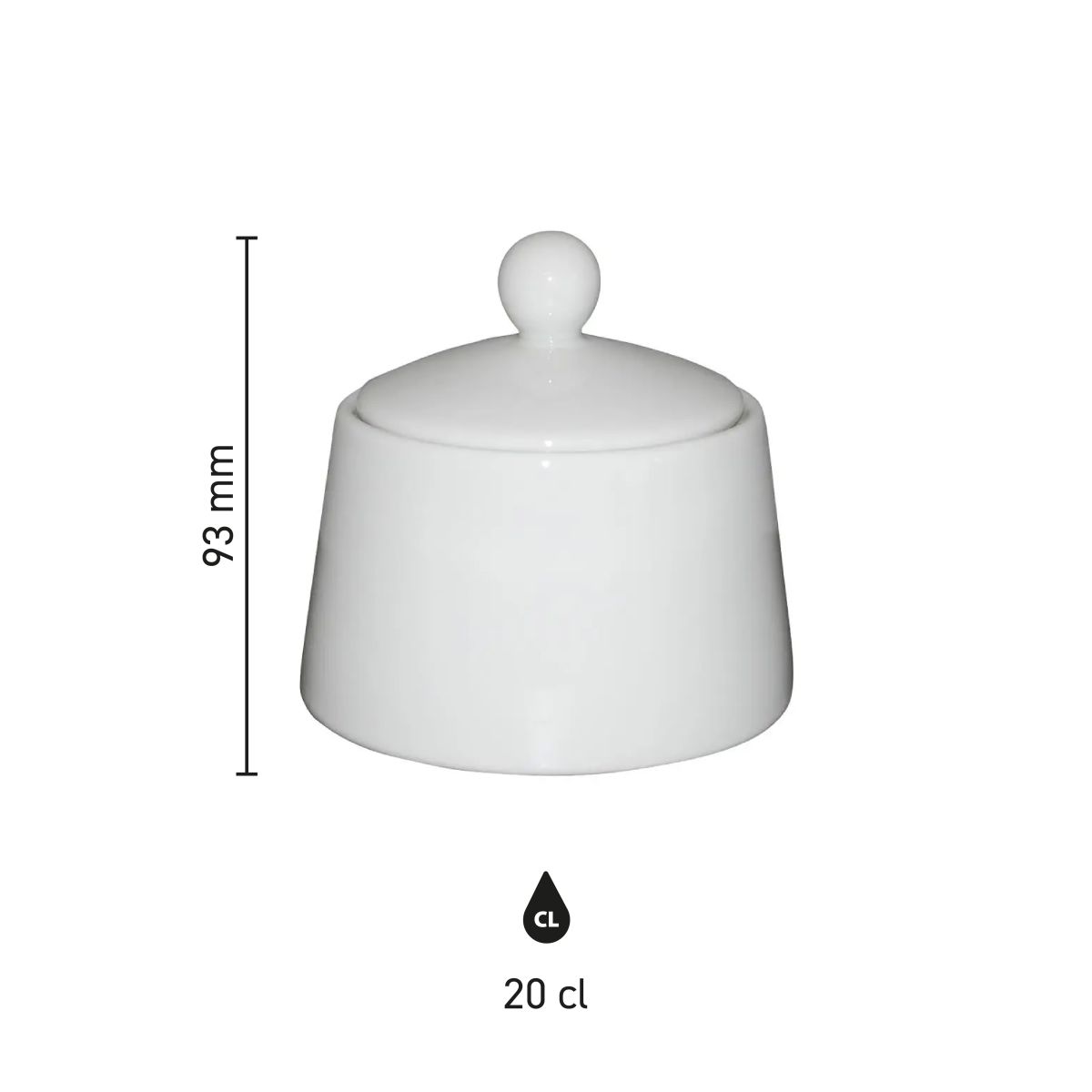 Infographic toont hoogte, diameter en inhoud van porseleinen suikerpot Eva 20 cl.