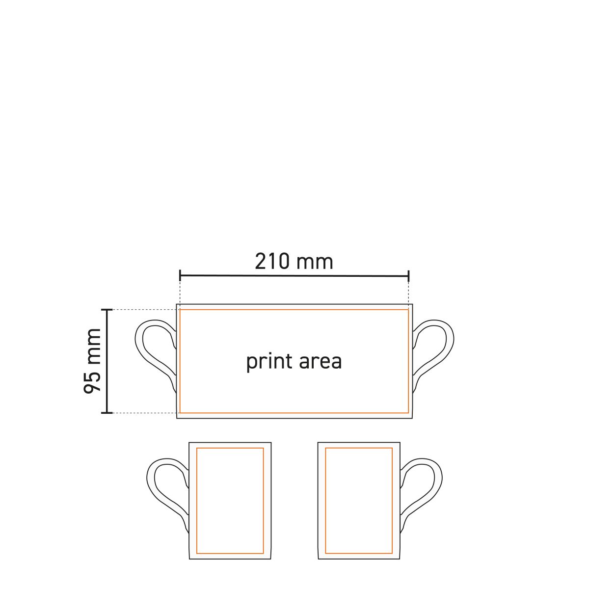 Printing area working drawing of porcelain Tango mug 29 cl, indicating printing area.
