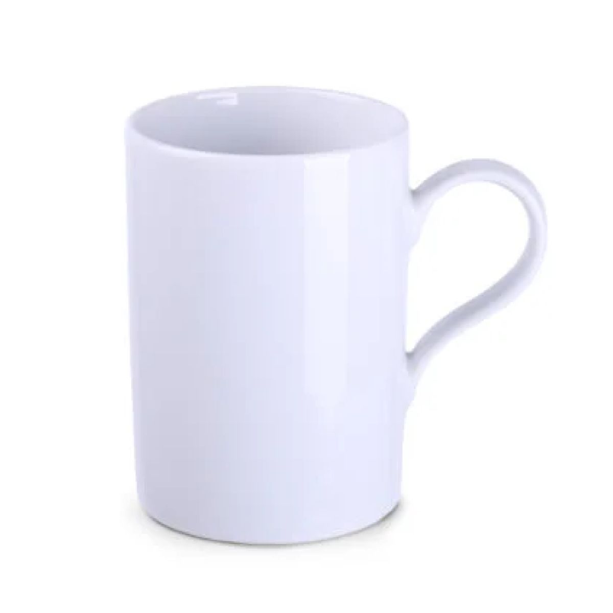 Witte porseleinen Tango mok van 29 cl in vooraanzicht, toont glad oppervlak en rechte cilinder. Witte porseleinen Tango mok van 29 cl in vooraanzicht, toont glad oppervlak en rechte cilinder.