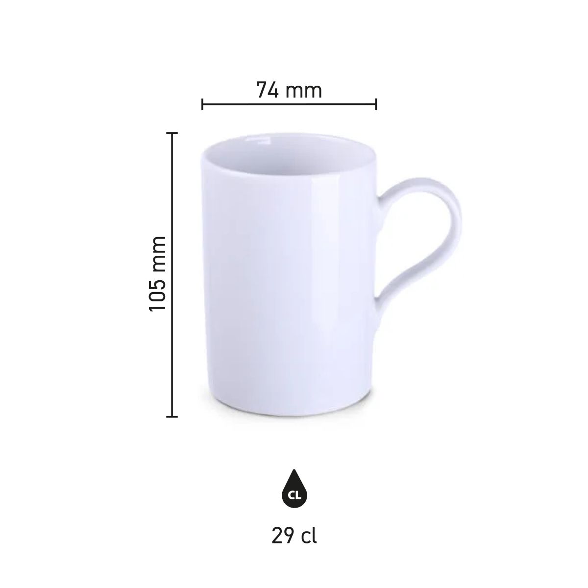 Infographic shows dimensions of the porcelain Tango mug 29 cl with clear measurements.