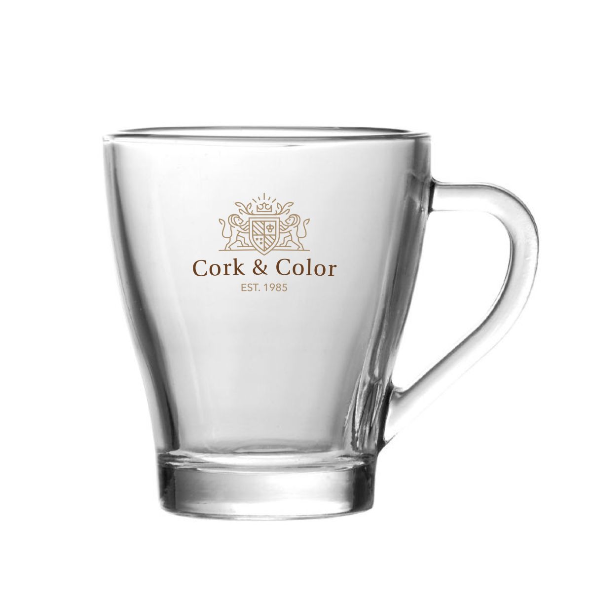 Dom tea glass 27 cl. with a multicoloured CorkColor logo on the front panel