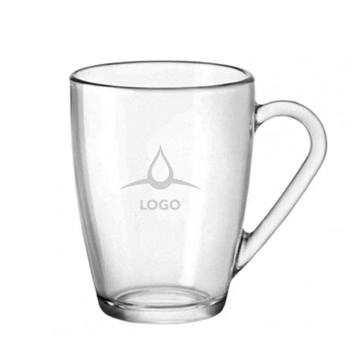 Tea glass Icon 32 cl with engraved logo visible on the front of the glass surface.