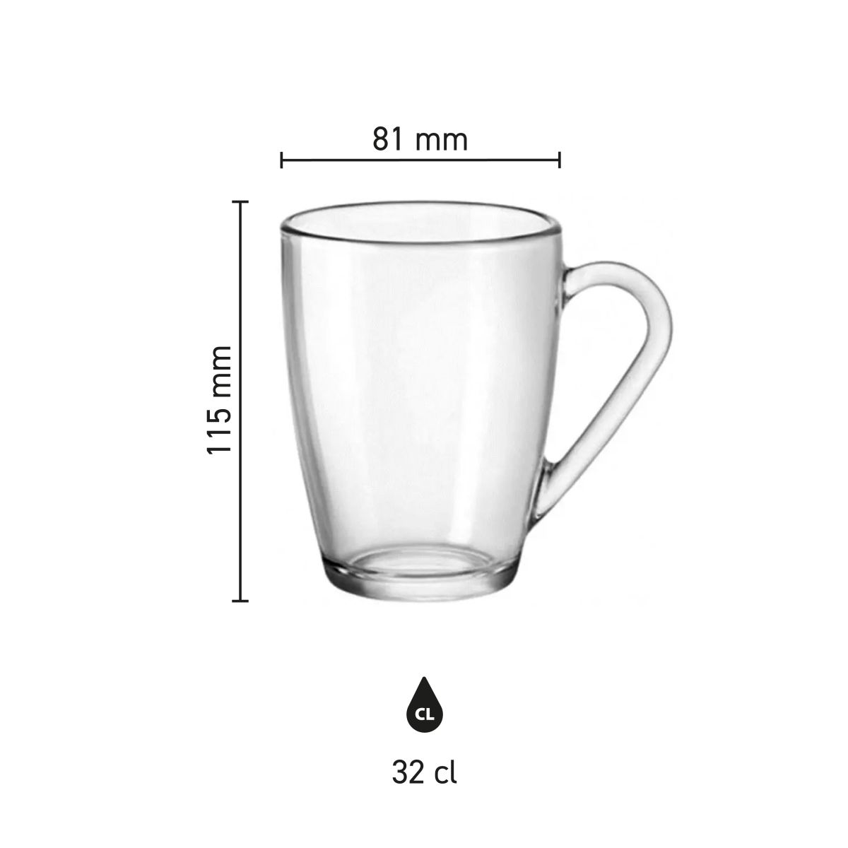 Infographic showing height, diameter and content of the Icon 32 cl. tea glass engraving.