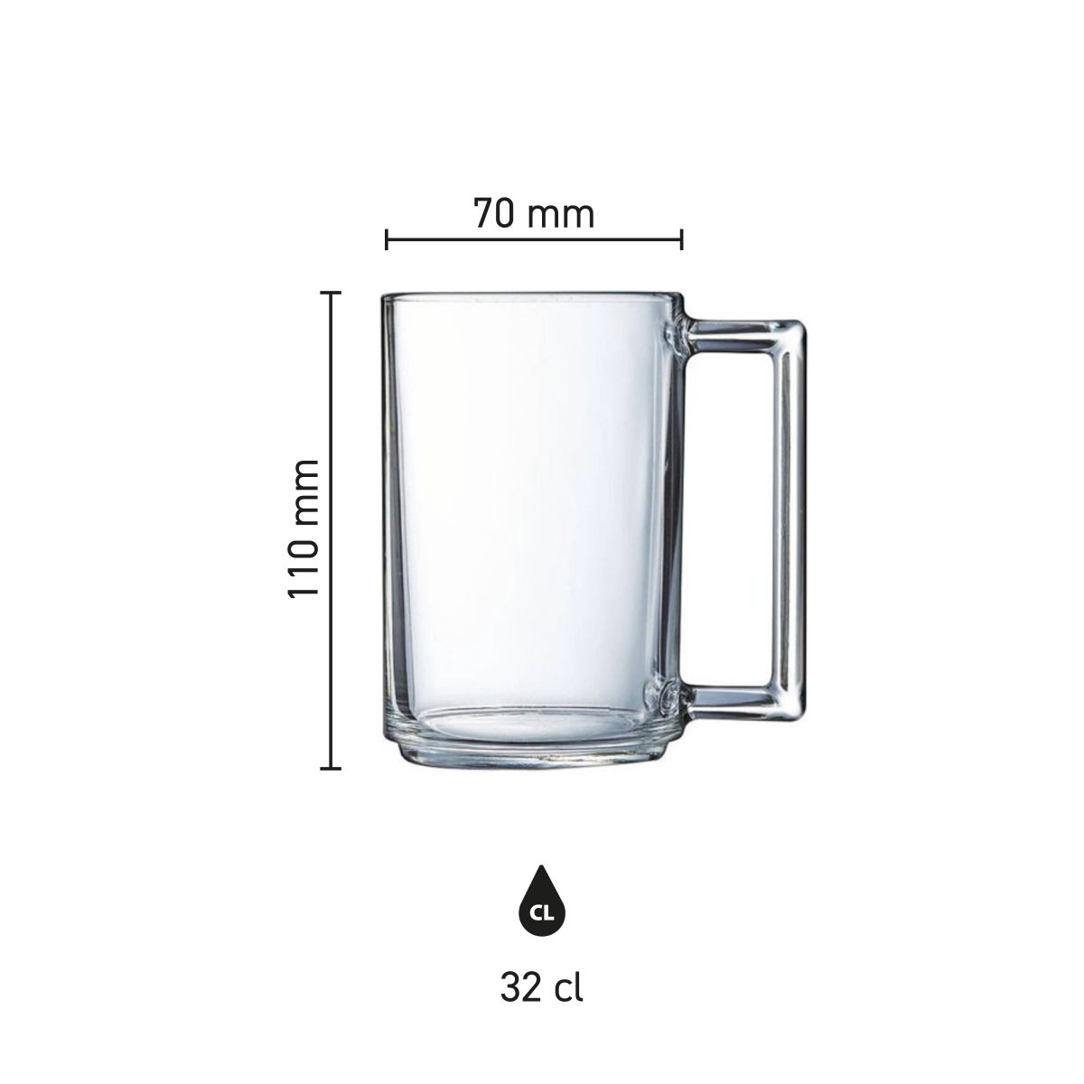 Infographic shows the exact dimensions of the Karo 32 cl glass tea glass in millimetres.