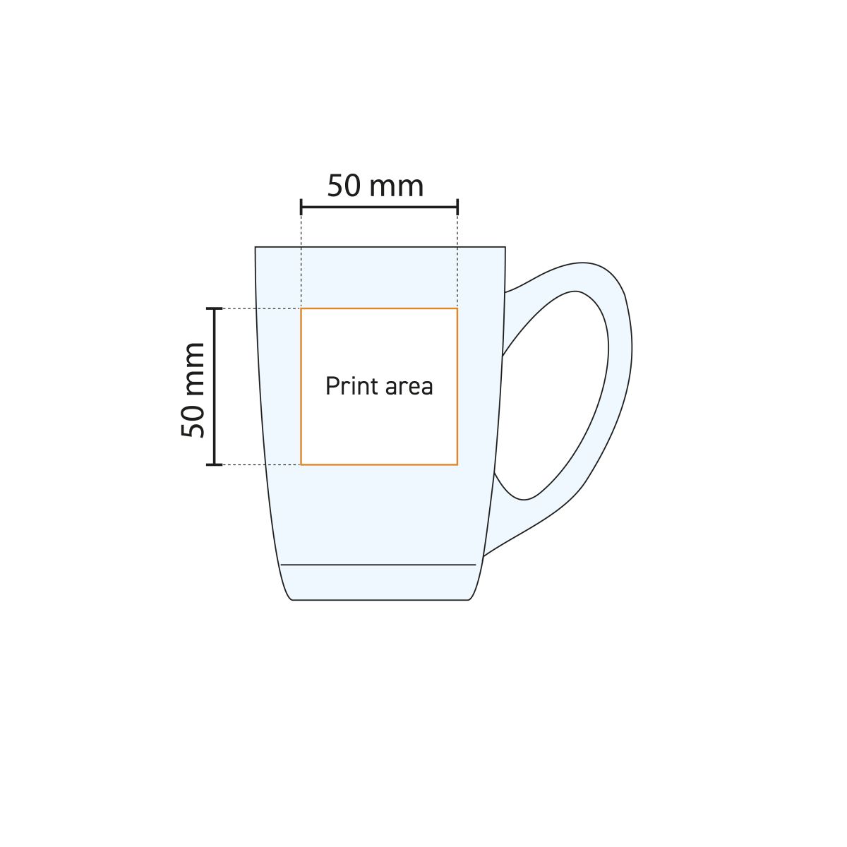 Technical working drawing of tea glass New Morning High 32 cl. with print area indication.