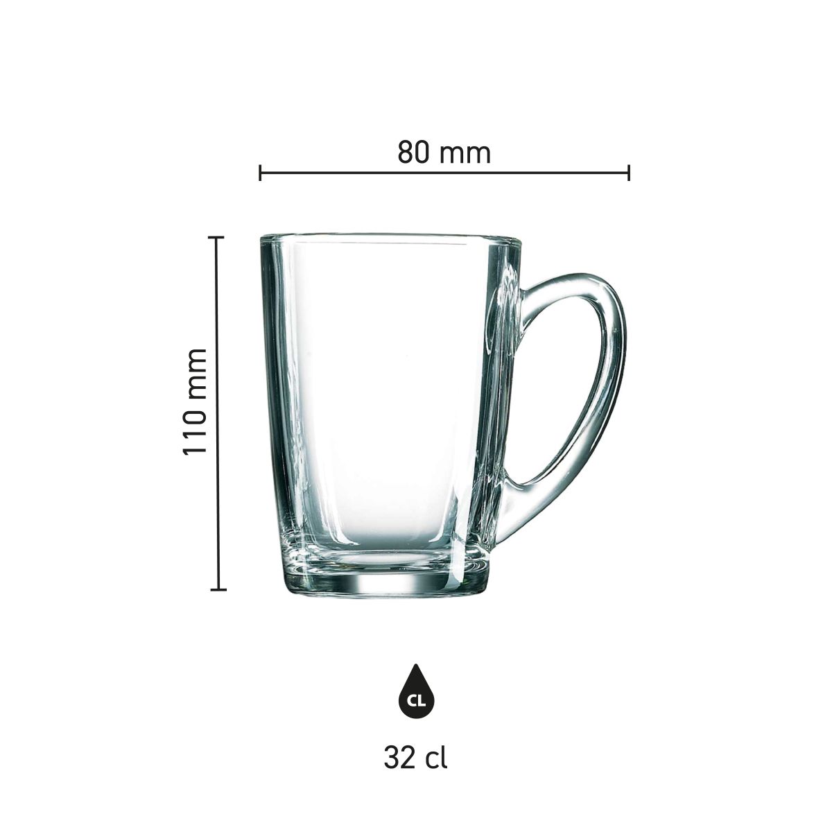 Infographic showing product dimensions of tea glass New Morning High 32 cl. shows height and diameter.