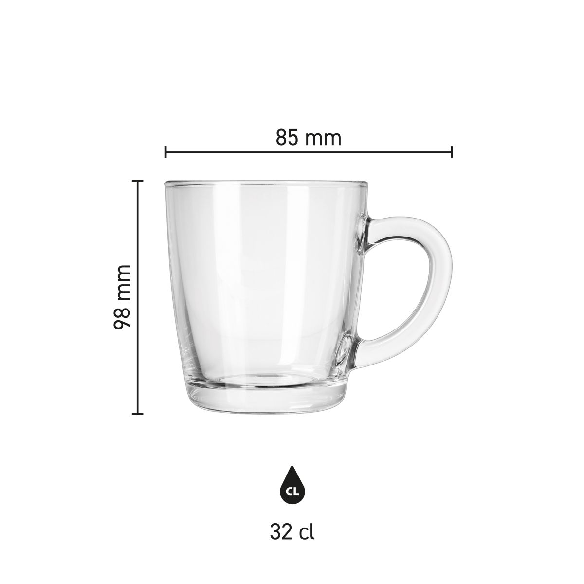 Infographic toont productafmetingen van theeglas New Morning Laag 32 cl. met hoogte en diameter.