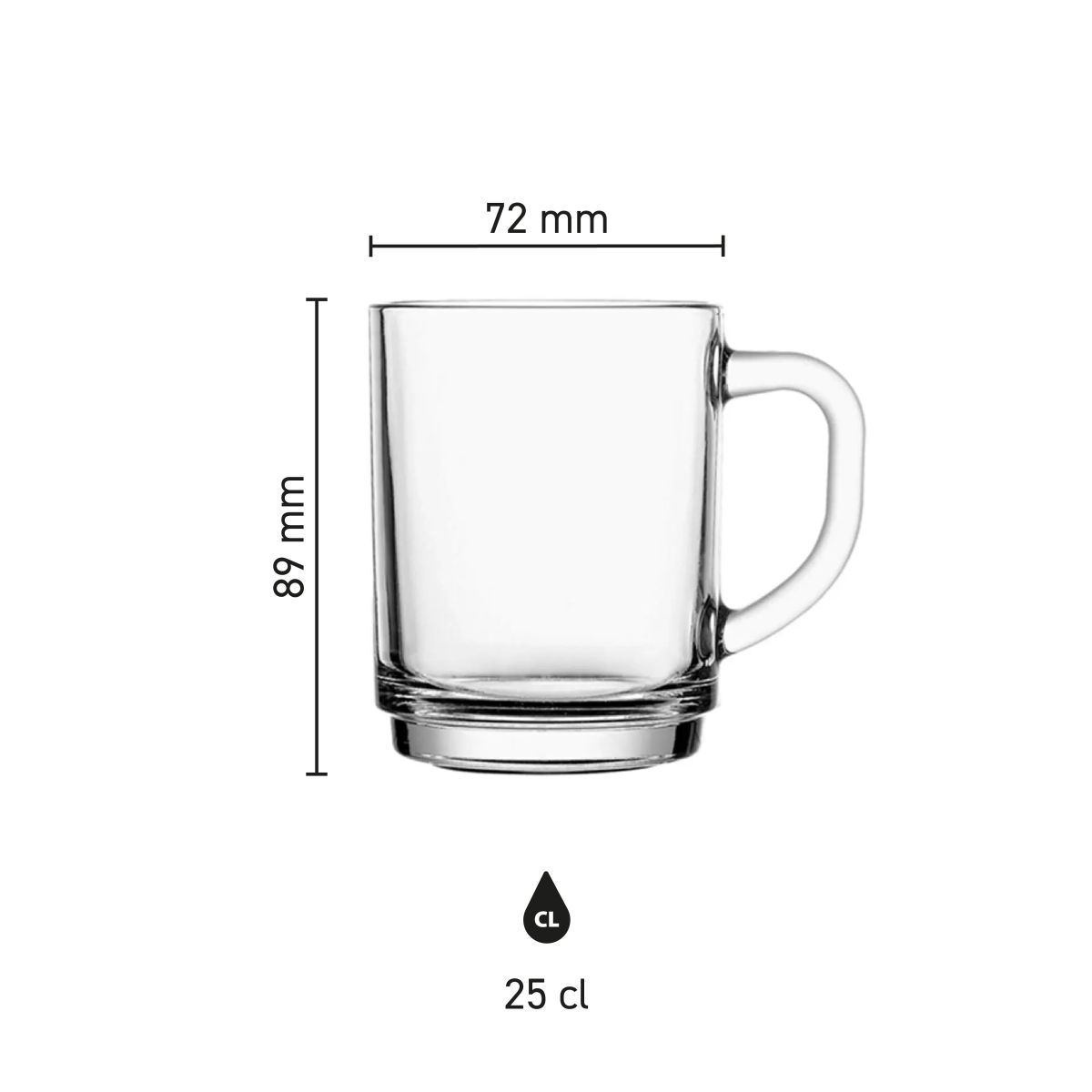 Infographic toont productafmetingen van theeglas Stapelo 25 cl. inclusief hoogte en diameter.