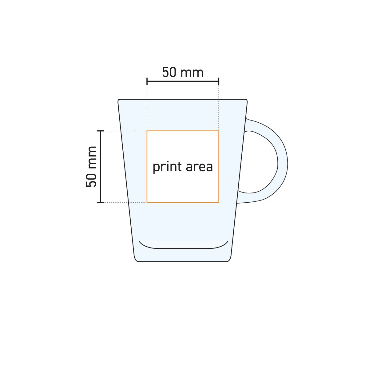 Technical working drawing shows the available printing area on the surface of the Tea glass Tribeca 40 cl.