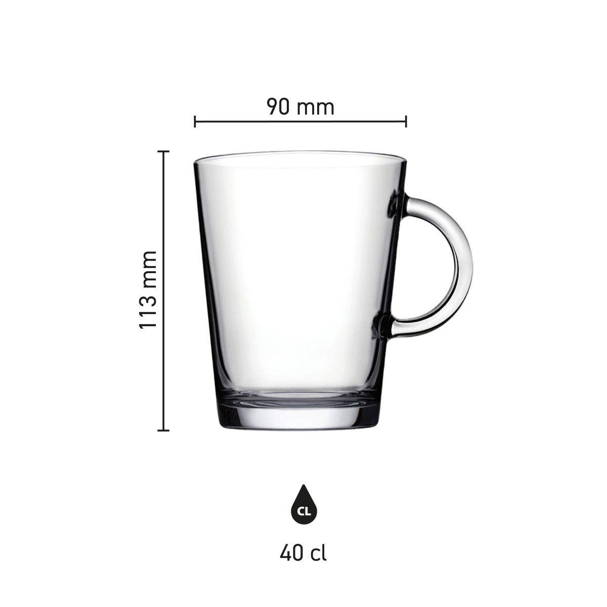 Infographic shows height, diameter and capacity of the Tea glass Tribeca 40 cl.