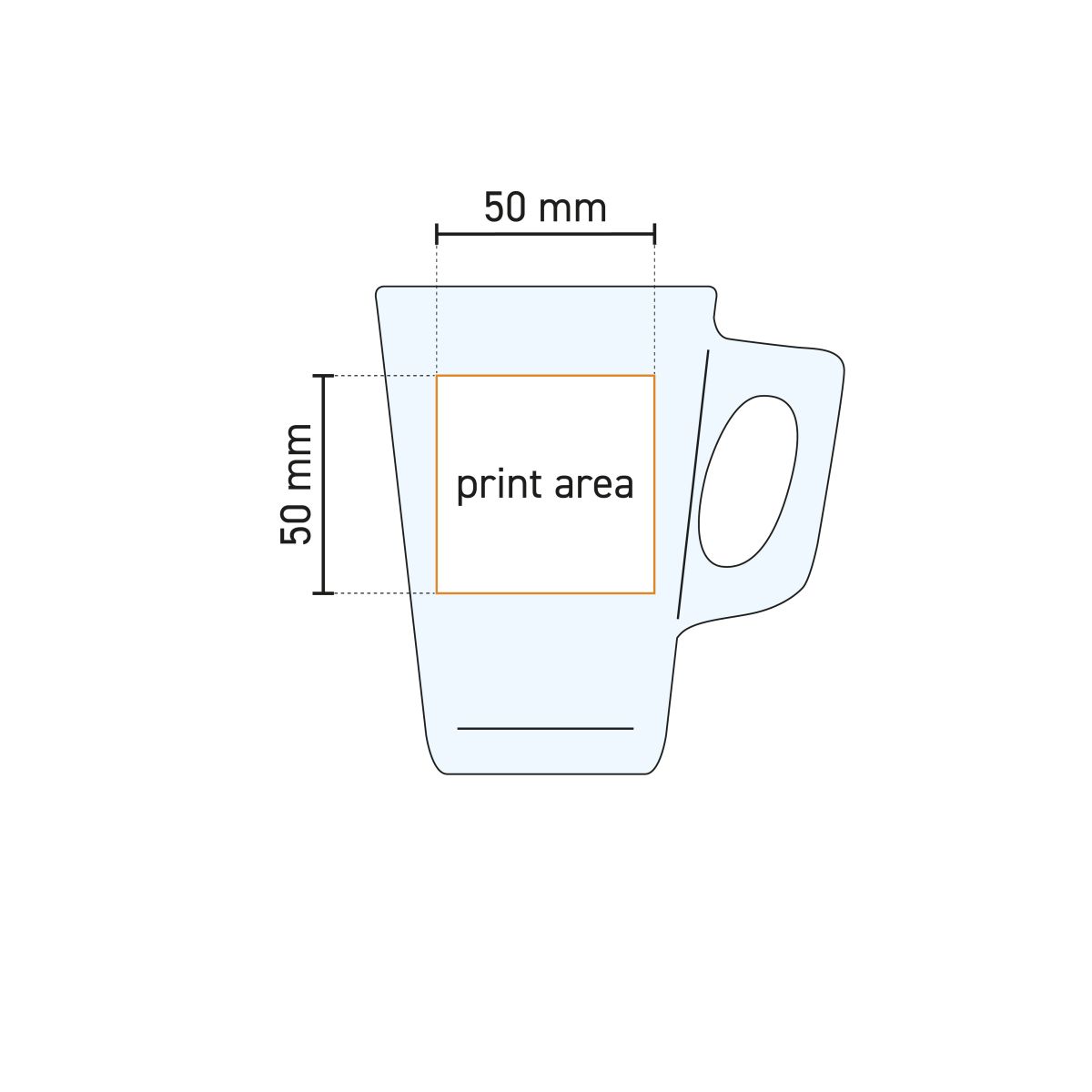 Technical work drawing of the Vela 25 cl tea glass with printing area indicator