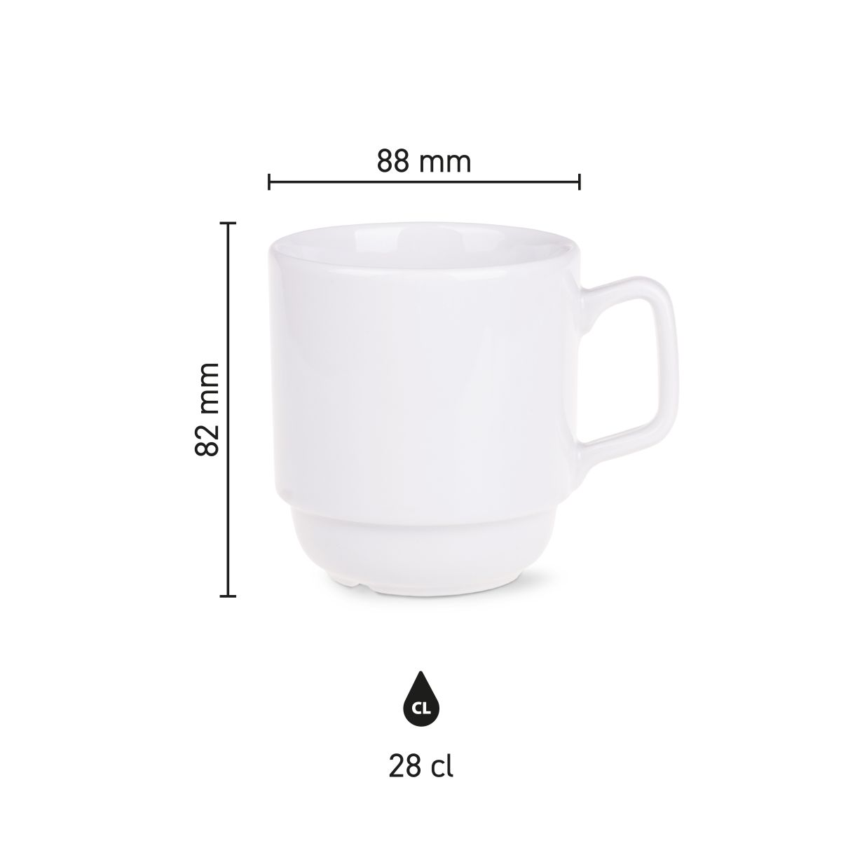 Image shows overview of height and diameter of Torino mug 28 cl. porcelain.