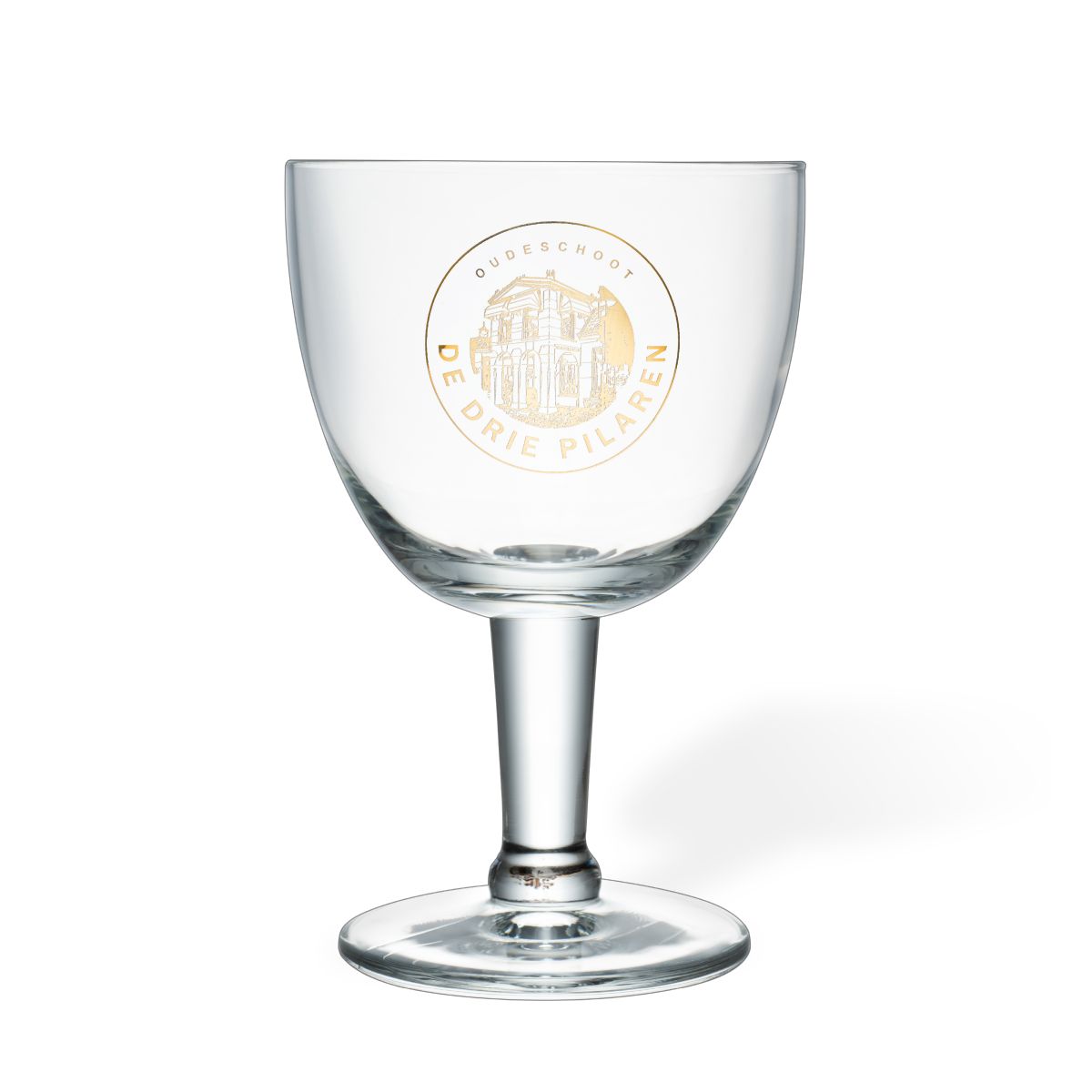 Trappist 25 cl glass, draught-sized, with a single-colour De Drie Pilaren logo on the front panel