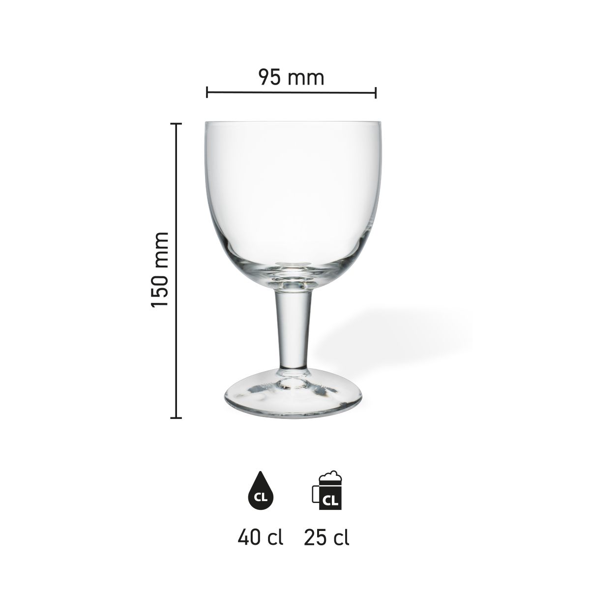 Dimensions of the 25 cl Trappist glass (draught glass), showing height, diameter and capacity in an infographic