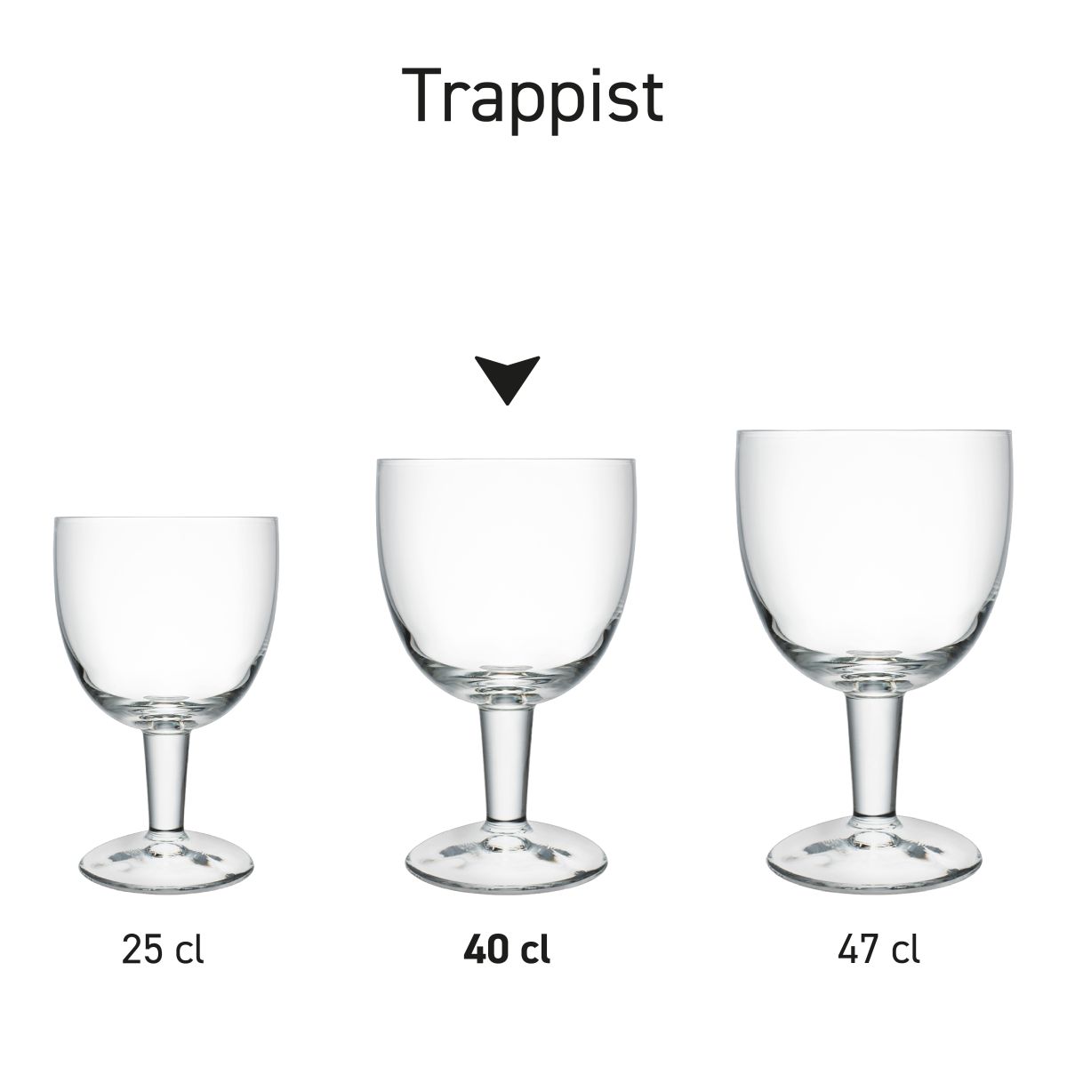 Dimensions of the 25 cl Trappist glass (draught glass), showing height, diameter and capacity in an, shown in series