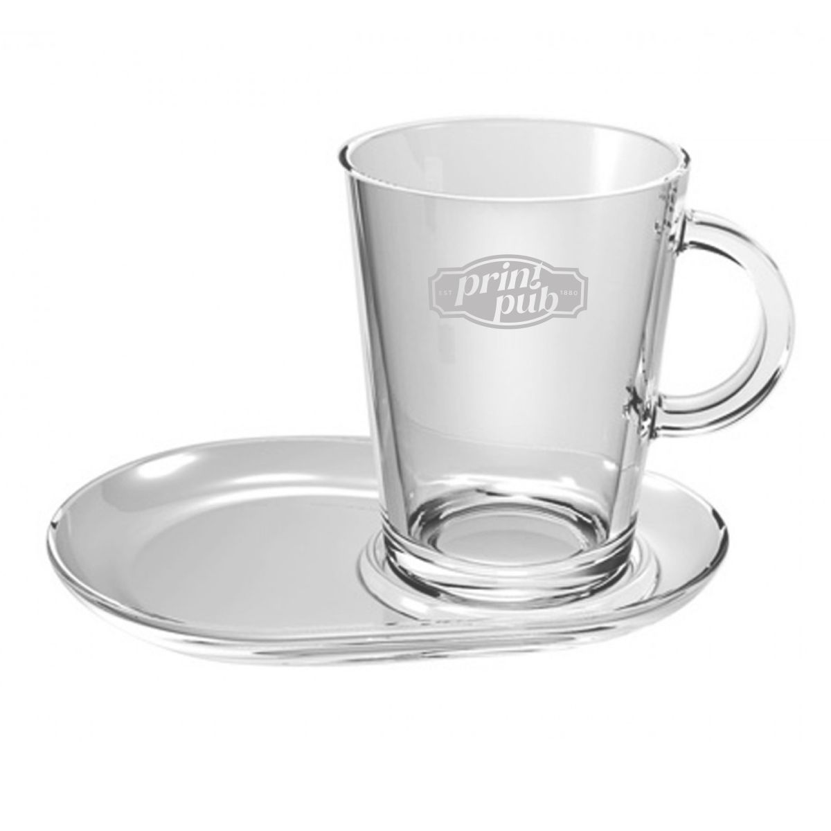 Engraving of PrintPub logo on Tribeca Tea glass 40 cl with blank saucer, front view.