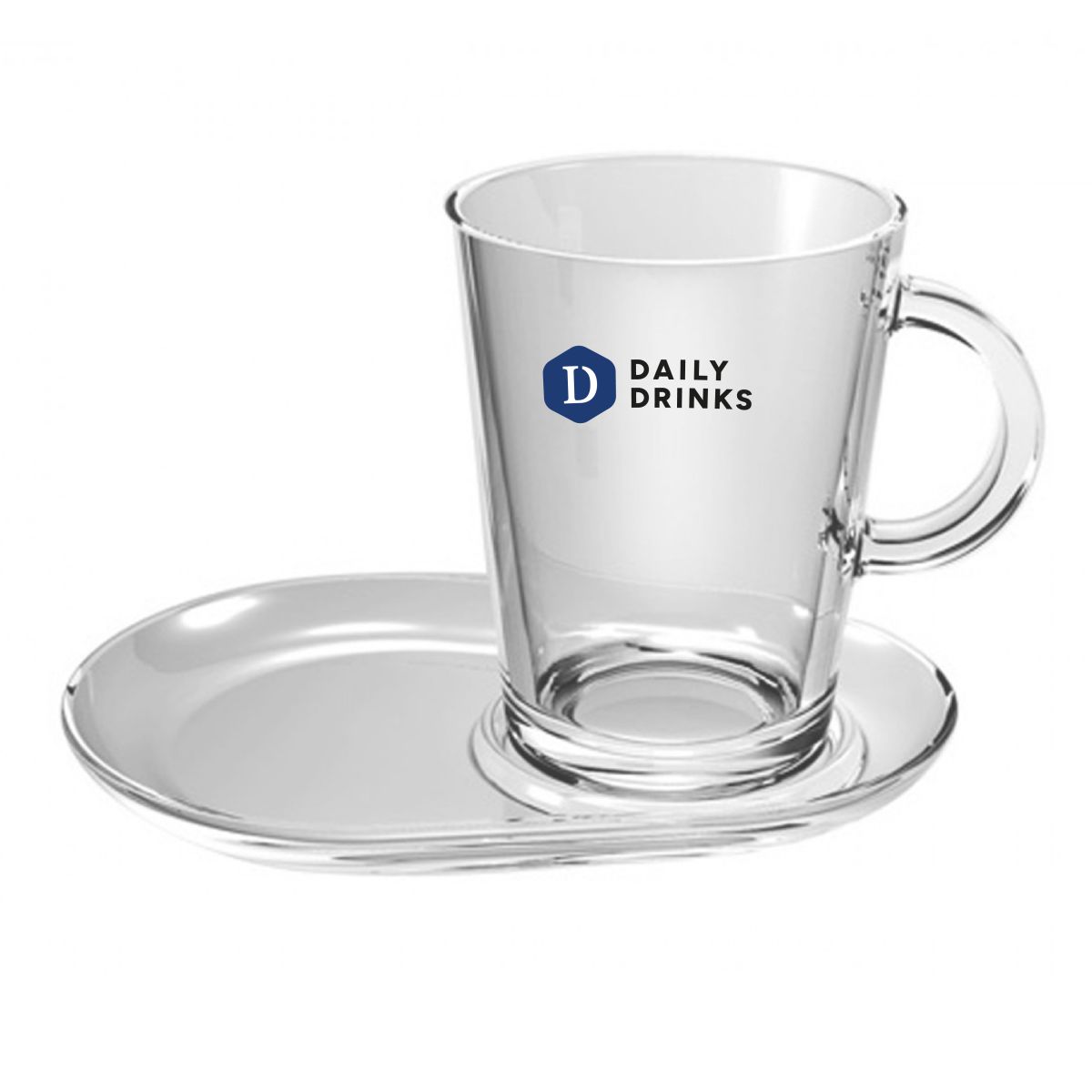 Front view of Tribeca Tea glass 40 cl with multicoloured DailyDrinks logo on glass.