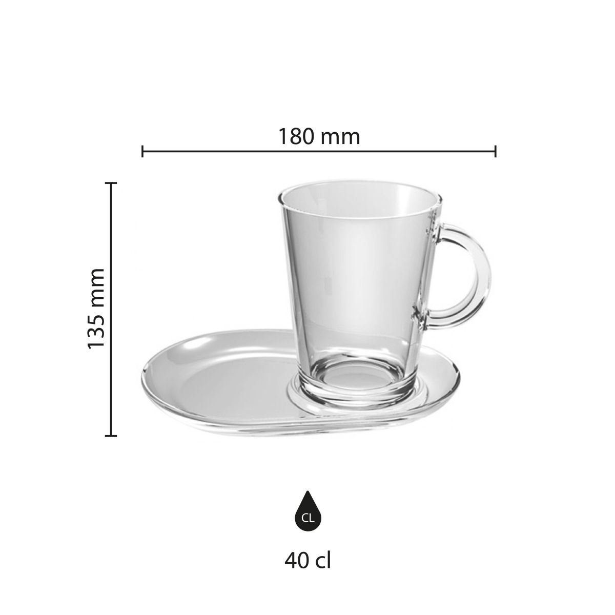 Infographic showing product dimensions of Tribeca Tea 40 cl. glass and saucer.
